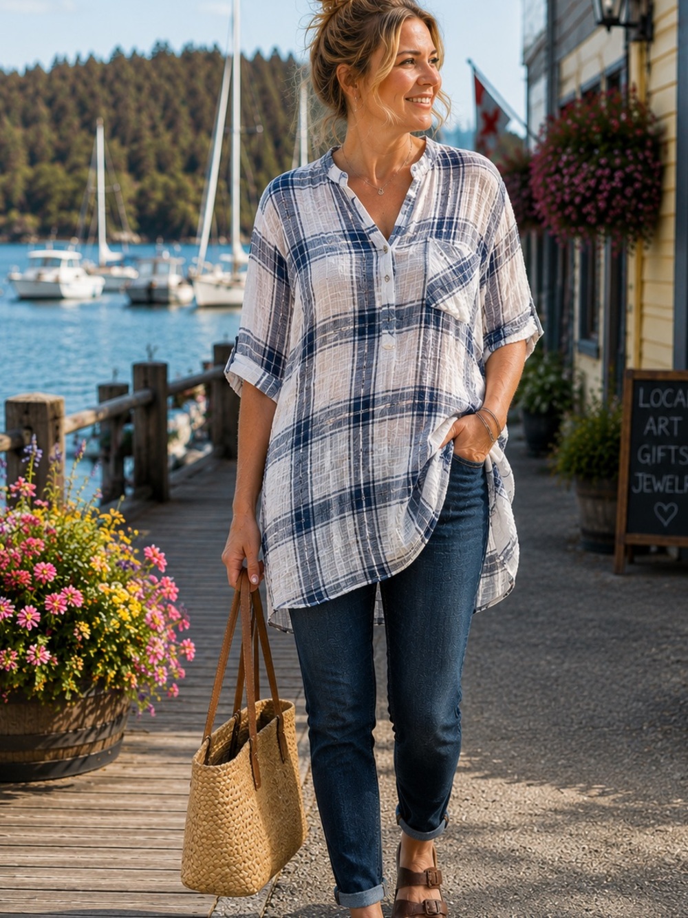 Made in Italy Blue Plaid Gauze Tunic | Crinkle Cotton Oversized Coastal Top, L